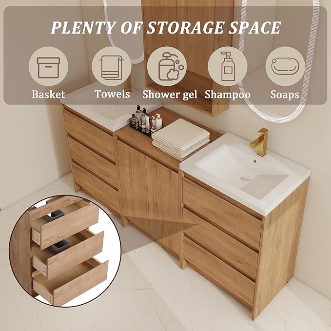 72" Bathroom Vanity Set, 72 Inch Modern Freestanding Vanity with 6 Drawers and 2 Storage Cabinets, Double Resin Sink Floor Stand Cabinet Set Imitative Oak