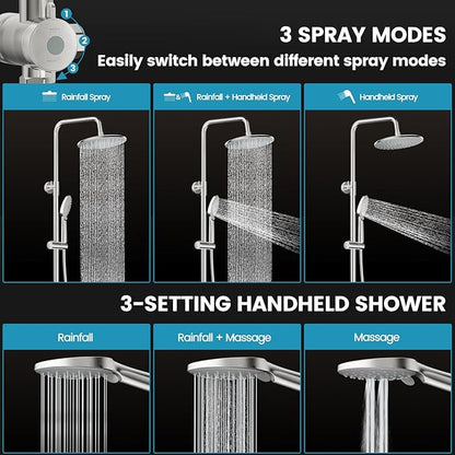 Hurran Shower System with 10 Inch Rain Shower Head and Handheld Sprayer, 3-Function Wall Mounted Bathroom Shower Faucet Set Height Adjustable Holder, Shower Trim Kit Valve Included, Brushed Nickel