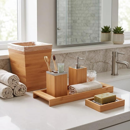 Lavish Home 5-Piece Bathroom Decor Set - Bamboo Bathroom Accessories with Trash Bin, Soap Dish, Soap Dispenser, Toothbrush Holder, and Tray (Natural)
