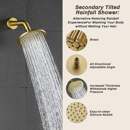 Rain Shower System, Push Button Diverter Shower Faucet Set with 2 in 1 Handheld Spray, Wall Mount Shower, Ceiling Mount Shower Head 3-Function Rainfall Shower System-Brushed Gold