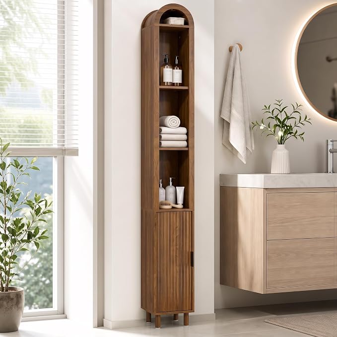 Narrow Bathroom Storage Cabinet, Tall Arched Small Wood Cabinet, Slim | Skinny Mid Century Modern Towel Cabinet, Fluted Doors, 4 Tier Shelves, Wooden Display Cabinet for Living Dining Room, Walnut
