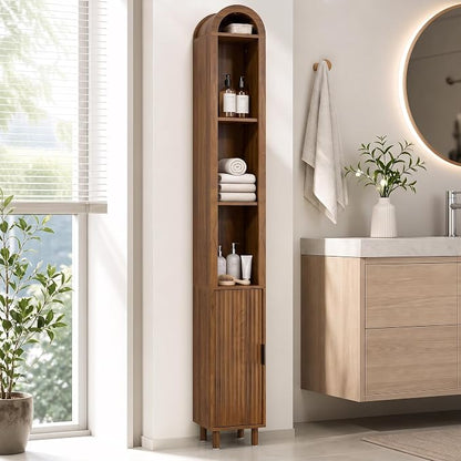 Narrow Bathroom Storage Cabinet, Tall Arched Small Wood Cabinet, Slim | Skinny Mid Century Modern Towel Cabinet, Fluted Doors, 4 Tier Shelves, Wooden Display Cabinet for Living Dining Room, Walnut