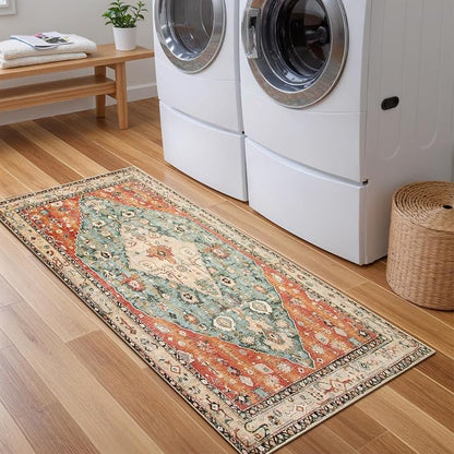 Lahome Boho Tribal 2x4.3 Washable Rug Runners for Hallways Non Slip, Kitchen Bathroom Entryway Carpet Runner, Bohemian Faux Wool Low-Pile Throw Doormat for Laundry Entrance (Rust/Dull Teal,2x4.3ft)