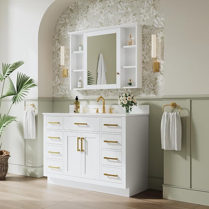 48-Inch Bathroom Vanity with Sink W/ 2 Doors & 8 Drawers & 1 Flip Drawer, White Vanity W/Brushed Gold Handles