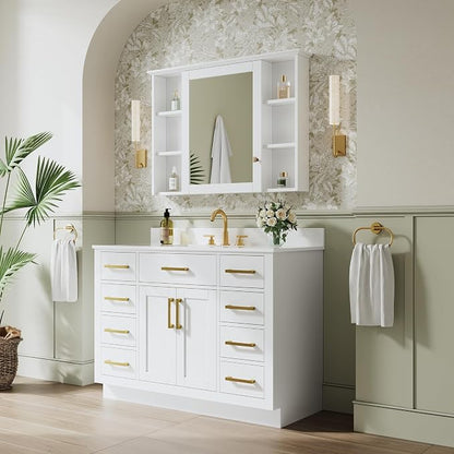48-Inch Bathroom Vanity with Sink W/ 2 Doors & 8 Drawers & 1 Flip Drawer, White Vanity W/Brushed Gold Handles