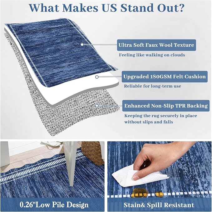 GarveeHome Scalloped 9x12 Area Rugs for Living Room Washable Rugs,Abstract Border Solid Rug Soft Low-Pile Non-Slip Stain Resistant Large Carpet for Dining Room Bedroom Farmhouse 9x12 ft,Blue