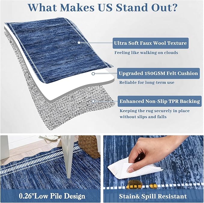 Garvee Washable Runner Rug 2x6 Solid Scalloped Kitchen Runner Navy Blue | Modern Long Runner Rug for Entryway Bedroom, Non Slip Low Pile Solid Runner Rugs for Entryway, Nursery Rugs Runner
