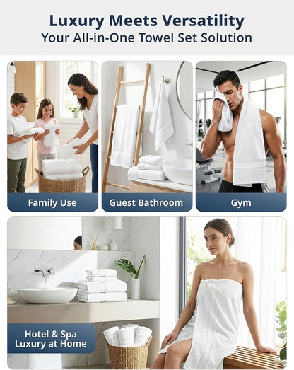 LANE LINEN Towel Set for Bathroom 12 Piece Soft Absorbent Quick Dry - White | Towels And Washcloths Sets - Oversized & Roomy, Lightweight & Breathable, Fade-Resistant Color, Classic Terry Weave