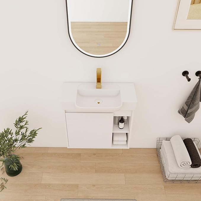 24" Wall-Mounted Bathroom Vanity with Ceramic Sink, 24 inch Floating Single Sink Vanity Cabinet Modern Brown 1-Door Design with Storage Shelf (Space-Saving for Small Bathrooms), White