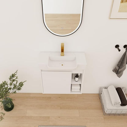 24" Wall-Mounted Bathroom Vanity with Ceramic Sink, 24 inch Floating Single Sink Vanity Cabinet Modern Brown 1-Door Design with Storage Shelf (Space-Saving for Small Bathrooms), White