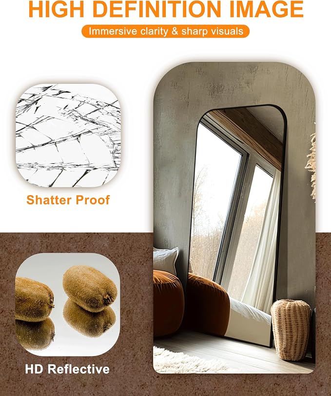56"x25" Black Metal Framed Bathroom Mirror for Over Sink | Rounded rectangle shape. Shatterproof HD glass, all mounting hardware for bathroom, bedroom, entryway.