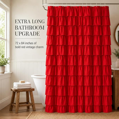 Red Ruffle Shower Curtain for Bathroom, 72x84, Christmas Bathroom Decor | Rich Red Ruffles, 84in, 12 Hooks Included, Machine Washable, Solid Soft Microfiber Fabric, Boho Textured Style,Holiday Accent