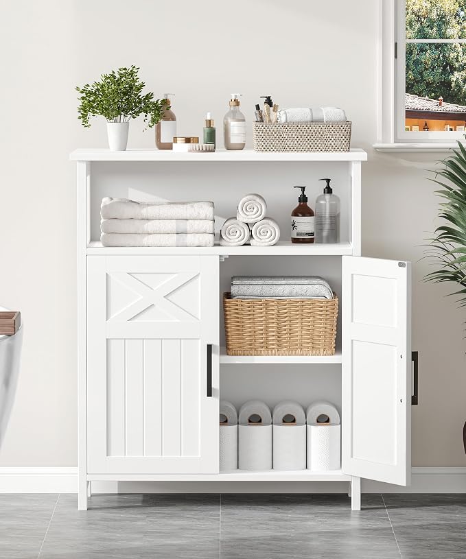 Akxomel Farmhouse Bathroom Storage Cabinet Open Shelf 2 Doors White | 11.8" D x 23.6" W Small Bathroom Cabinet with Adjustable Shelf, Toilet Paper Cabinet for Kitchen, Living Room, Laundry Room