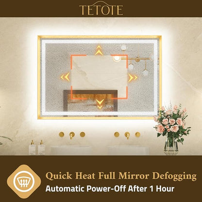 42 x 36 Led Mirror Brushed Gold Metal Frame Frontlit & Backlit Vanity Mirror Anti-Fog Stepless Dimmable 3 Colors White/Warm/Natural Wall Mirror with Lights Wall-Mounted