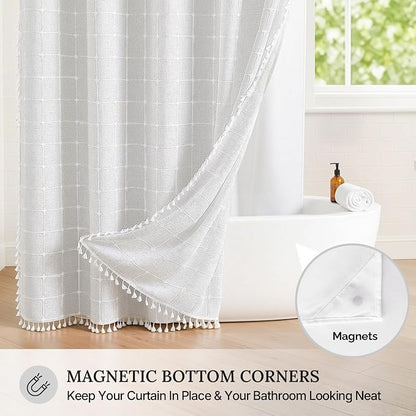 RiverDream Farmhouse No Hooks Shower Curtain with Snap-in Liner,White,71x86 | Snap on Fabric Liner,Heavy Duty,Quick Dry,Mesh Top Window,With Bottom Magnets,Washable,with Tassels,Extra Long Size