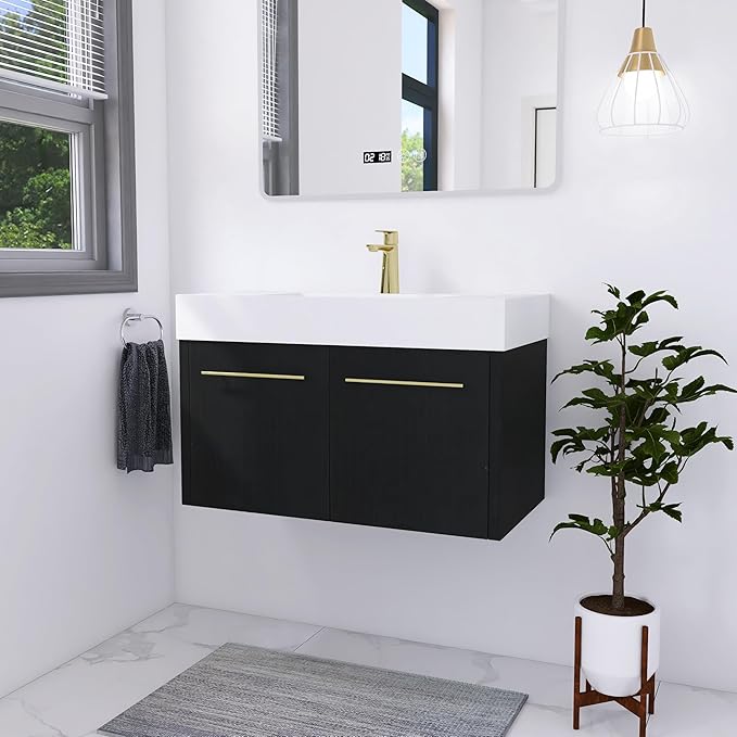 36 Inch Floating Bathroom Vanity,36" Bathroom Vanity with Sink,Modern Single Sink Bathroom Vanity Combo,Black Wall Mounted Cabinet Set