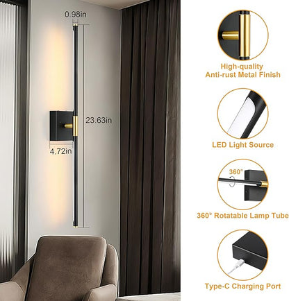 Battery Operated Wall Sconces Set of 2, Dimmable 3 Color Battery Wall Sconce with Remote, Black Gold LED Rechargeable Sconces, 24 Inch Modern Wireless Wall Lights for Bedroom, Living Room