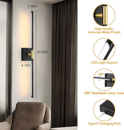 Morauroral Battery Operated Wall Sconce Single, Black Gold Rechargeable Wall Sconce with Remote, Dimmable Sconce Wall Light, 24 Inch LED Wireless Wall Light for Background Wall, Bedroom,Living Room