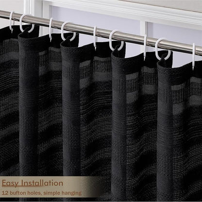 Black Stripe Shower Curtain for Bathroom, Boho Linen Textured Shower Curtain with Tassel, Minimalist Modern Heavy Duty Vintage Country Bathroom Curtain, 72Wx72L Inches