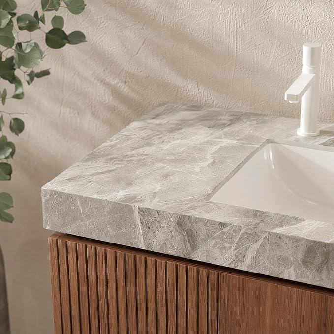48 Inch Floating Bathroom Vanity with Sink, Modern Wall Mounted Bathroom Storage Vanity Cabinet with Sintered Stone Countertop, Brown Oak