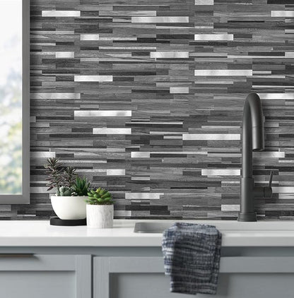 AULIGET 40 Sheets Peel and Stick Backsplash, Black & Grey Wood Look PVC Mixed Metal Stick on Backsplash Tiles for Kitchen