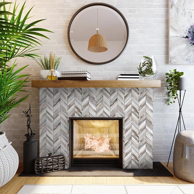 Yipscazo 10-Sheet Wood Grain Herringbone Peel and Stick Backsplash for Kitchen Walls,Heat Resistant PVC Mixed Metal Stick on Backsplash Tiles,Waterproof Peel and Stick Tile for Bathroom&Shower