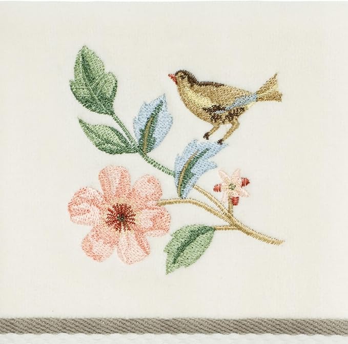 Avanti Linens – Hand Towels, Ringspun Cotton Velour with Embroidered Bird & Floral Design and Striped Border, Set of 2 (Pretty Birds)