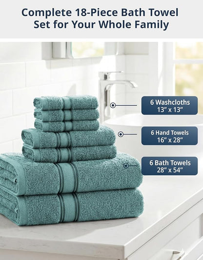 LANE LINEN Bath Towel Set Absorbent Quick Dry 100% Cotton 18 Piece - Teal | Cotton Towels For Bathroom - OEKO-TEX Certified, Zero-Twist Durability, Terry Weave Comfort