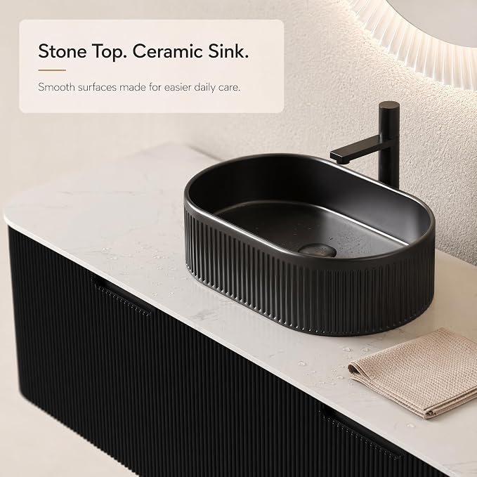 60 Inch Double Sink Bathroom Vanity, Floating Wall Mounted Cabinet, Black Curved Fluted Front, Stone Top, Dual Black Textured Oval Vessel Basins, Pre-Assembled