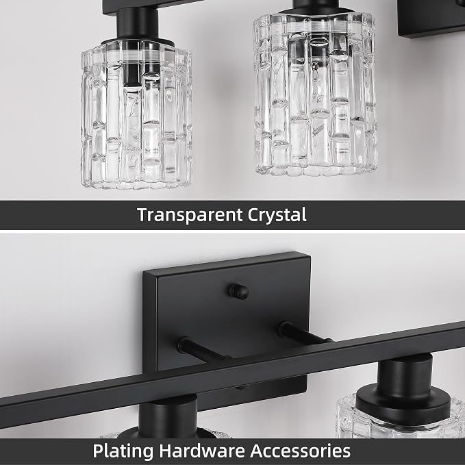 4 Light Matte Black Bathroom Vanity Light Over Mirror, Modern Vanity Lighting with Crystal Glass Shade, Wall Mount Bathroom Light Fixtures, E26 Base