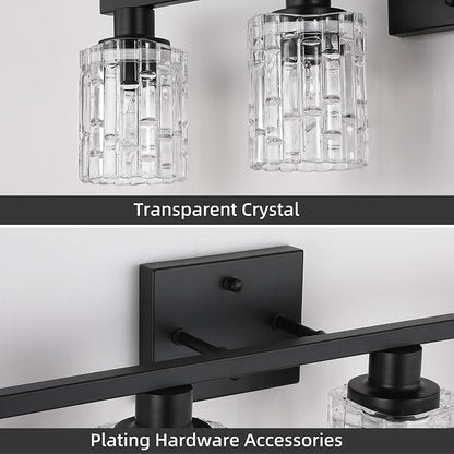 4 Light Matte Black Bathroom Vanity Light Over Mirror, Modern Vanity Lighting with Crystal Glass Shade, Wall Mount Bathroom Light Fixtures, E26 Base