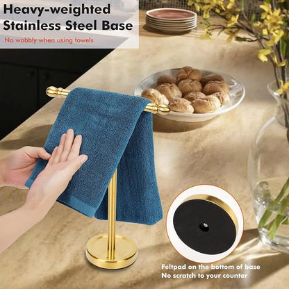 Hand Towel Holder Gold, T-Shape Hand Towel Stand for Bathroom, Stand Hand Towel Rack Free-Standing Towel Bar for Bathroom Kitchen Countertop, Stainless Steel