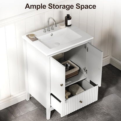 RoyalCraft 24'' Bathroom Vanity with Ceramic Sink Combo Set, Modern Wood Bathroom Cabinet with Soft Closing Doors and Fluted Drawer, Free Standing Storage Cabinet, White