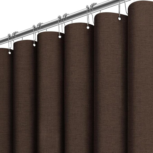 Long Linen Textured Waterproof Thick Shower Curtain Set, 72x84, Brown | Tall Size, 230GSM Polyester, Heavy Duty Cloth, Weighted Hem, 12 Plastic Hooks, Modern Luxury Hotel Style, Machine Washable