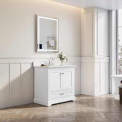 WELLFOR 36" Bathroom Vanity with Sink, Bathroom Freestanding Vanity W/ 2 Soft-Close Doors and 1 Soft-Close Drawers, Bathroom Cabinet Vanity with Engineered Stone Countertop, White