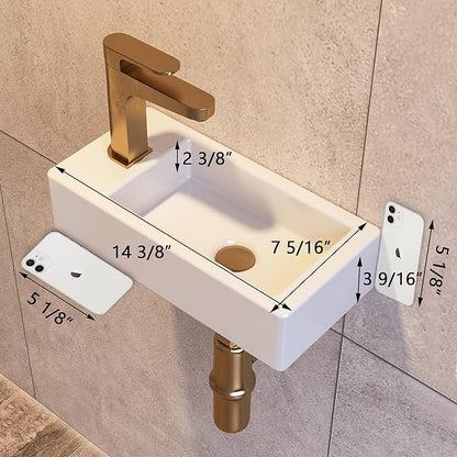 Small Bathroom Sink DeerValley, 15"x7" Mini Rectangle Wall Mount Vessel Sink for Bathroom Powder Room Cloakroom, Floating Space Saving Design, Easy to Clean White Ceramic Wash Basin (Left Hand)