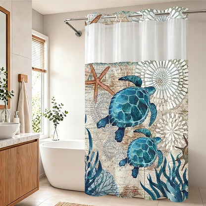 Green and Teal Sea Turtles Theme No Hook Waffle Weave Shower Curtain with Snap in Liner Nautical Beach Bathroom Blue Ocean Decor Set 60 W x 74 H Inch Teal
