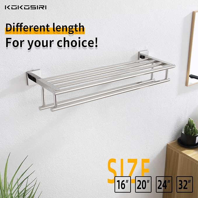 KOKOSIRI Bath Towel Rail Bathroom Towel Rack Towel Holder 24 Inch Towel Shelf with Double Towel Bars Wall Mounted SUS 304 Stainless Steel, Polished Chrome, B6005CH-L24