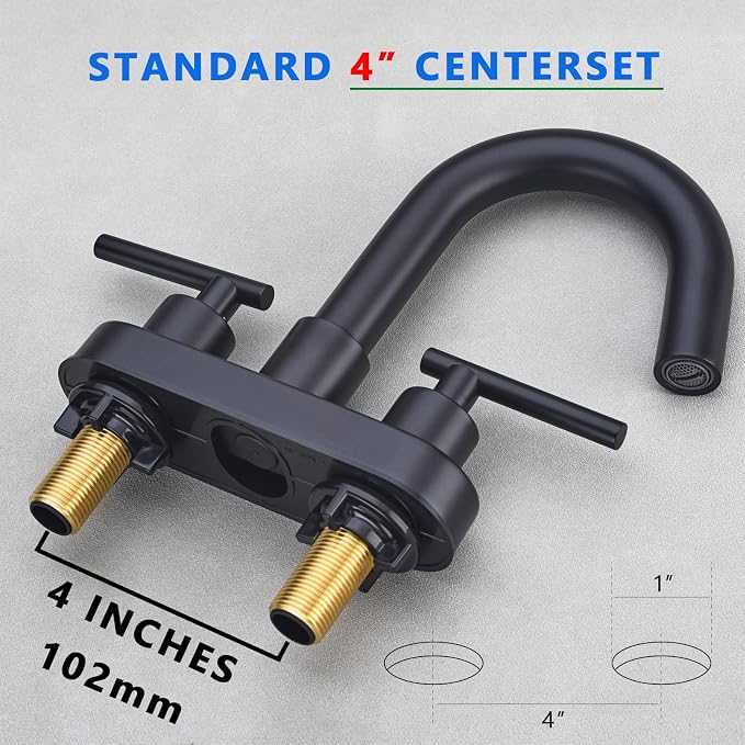Black Bathroom Faucet, BSTIIU Centerset Sink Faucets for 3 Hole Sink, 4 Inch 2 Handle RV Vanity Faucet with Metal Overflow Pop Up Drain and cUPC Water Supply Lines, Matte Black