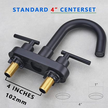 Black Bathroom Faucet, BSTIIU Centerset Sink Faucets for 3 Hole Sink, 4 Inch 2 Handle RV Vanity Faucet with Metal Overflow Pop Up Drain and cUPC Water Supply Lines, Matte Black