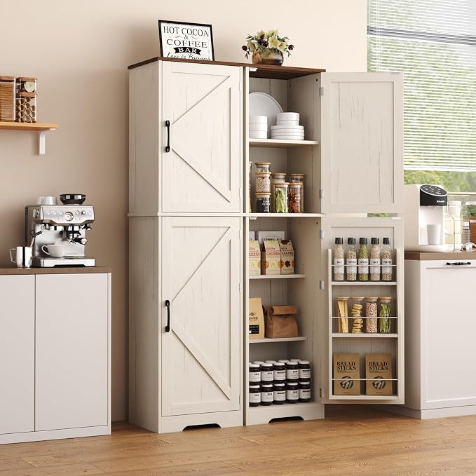 Function Home Farmhouse Kitchen Pantry Cabinet, 64" Tall Slim Bathroom Storage Cabinet, 5 Tier Wooden Floor Cabinets with Barn Doors and Adjustable Shelves for Dining Room Living Room, Antique White