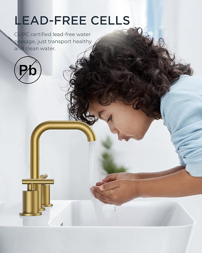 FORIOUS Brushed Gold Bathroom Sink Faucet 3 Hole, 2 Handles 8 Inch Widespread Bathroom Faucets, 360° Swivel Spout, with Pop Up Drain and Hoses, for Vanity Restroom RV Lavatory