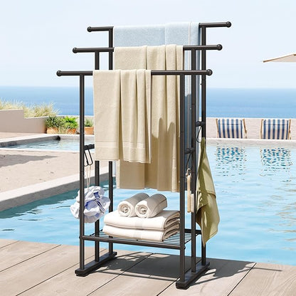 ELYKEN 3 Tier Standing Towel Rack, 40'' Tall Towel Drying Rack Outdoor, Freestanding Floor Towel Rack with Shelf, Pool Towel Blanket Stand, Metal Towel Racks for Bathroom freestanding, Matte Black