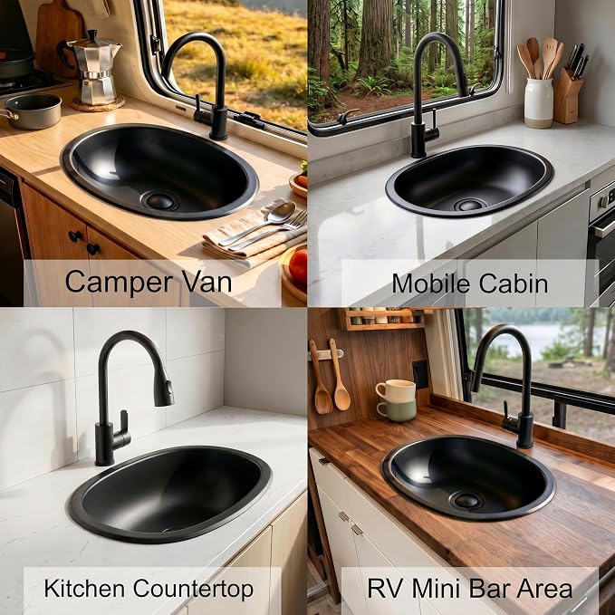 LQS Black Oval RV Sink, 16.73 x 11.81 Inch Stainless Steel RV Bathroom Sink | Drop-In RV Kitchen Sink for Campers, Compact Black Bathroom Sink with 5.12-Inch Bowl and Pop-Up Drain Assembly Included