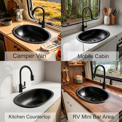 LQS Black Oval RV Sink, 16.73 x 11.81 Inch Stainless Steel RV Bathroom Sink | Drop-In RV Kitchen Sink for Campers, Compact Black Bathroom Sink with 5.12-Inch Bowl and Pop-Up Drain Assembly Included