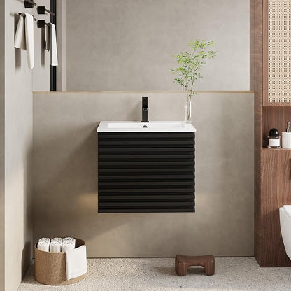 eclife 24" Floating Bathroom Vanity with Sink Combo Mid-Century Wall Mounted Cabinet with Wood Stripes Decor, Drawers, Undermount Single Sink, Faucet, Drain, Black