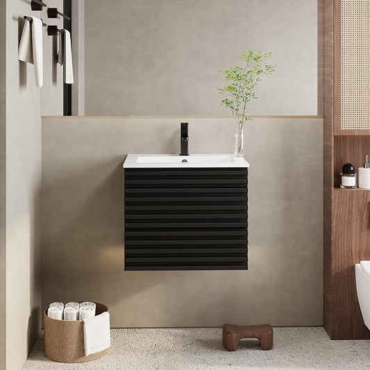 eclife 24" Floating Bathroom Vanity with Sink Combo Mid-Century Wall Mounted Cabinet with Wood Stripes Decor, Drawers, Undermount Single Sink, Faucet, Drain, Black