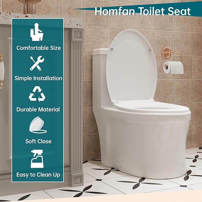 19" Elongated Toilet Seat with Soft Close, Quick Release and Quick Attach Design, Plastic Toilet Seat with Non-Slip Bumpers, Never Loosens and Easy to Install and Clean, Fits Most Elongated Toilets