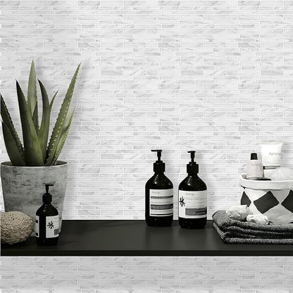 Tilingview 10PCS Peel and Stick Tile for Kitchen Backsplash, Strips Design Self-Adhesive Vinyl Tile, Plastic Wall Sticker (White Marble)