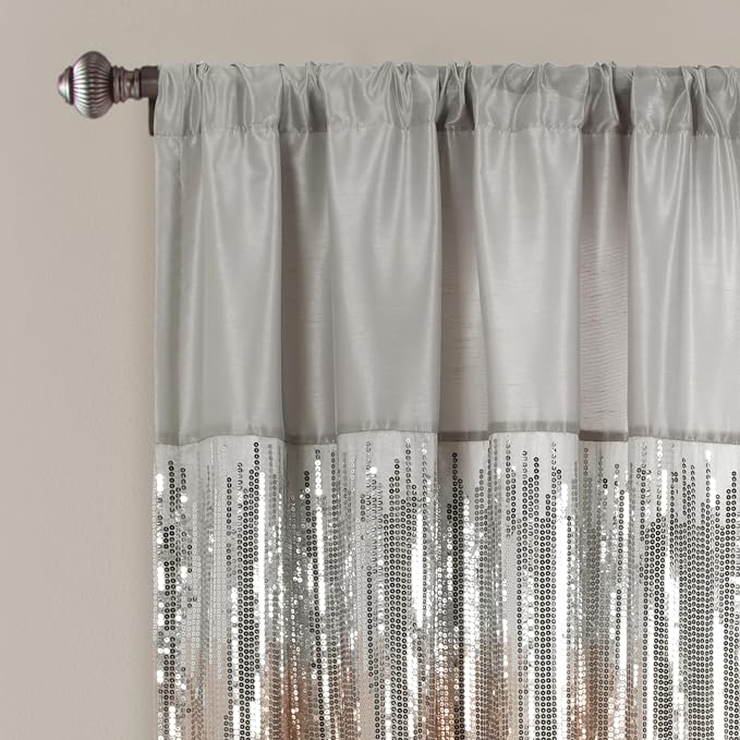 Lush Decor Night Sky Window Curtain Panel, Single 42"W x 63"L Gray & Blush - Sequin Backdrop Curtain - Room Darkening Curtains For Bedroom - Glam Decor